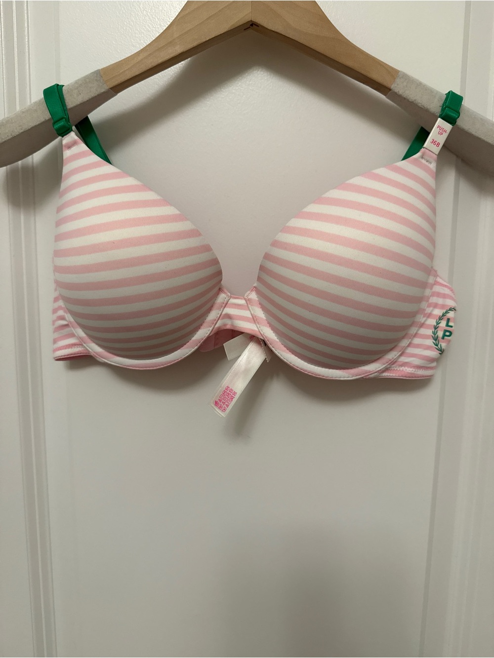 PINK Victoria's Secret Pink & White Striped Padded Bra with Green Straps